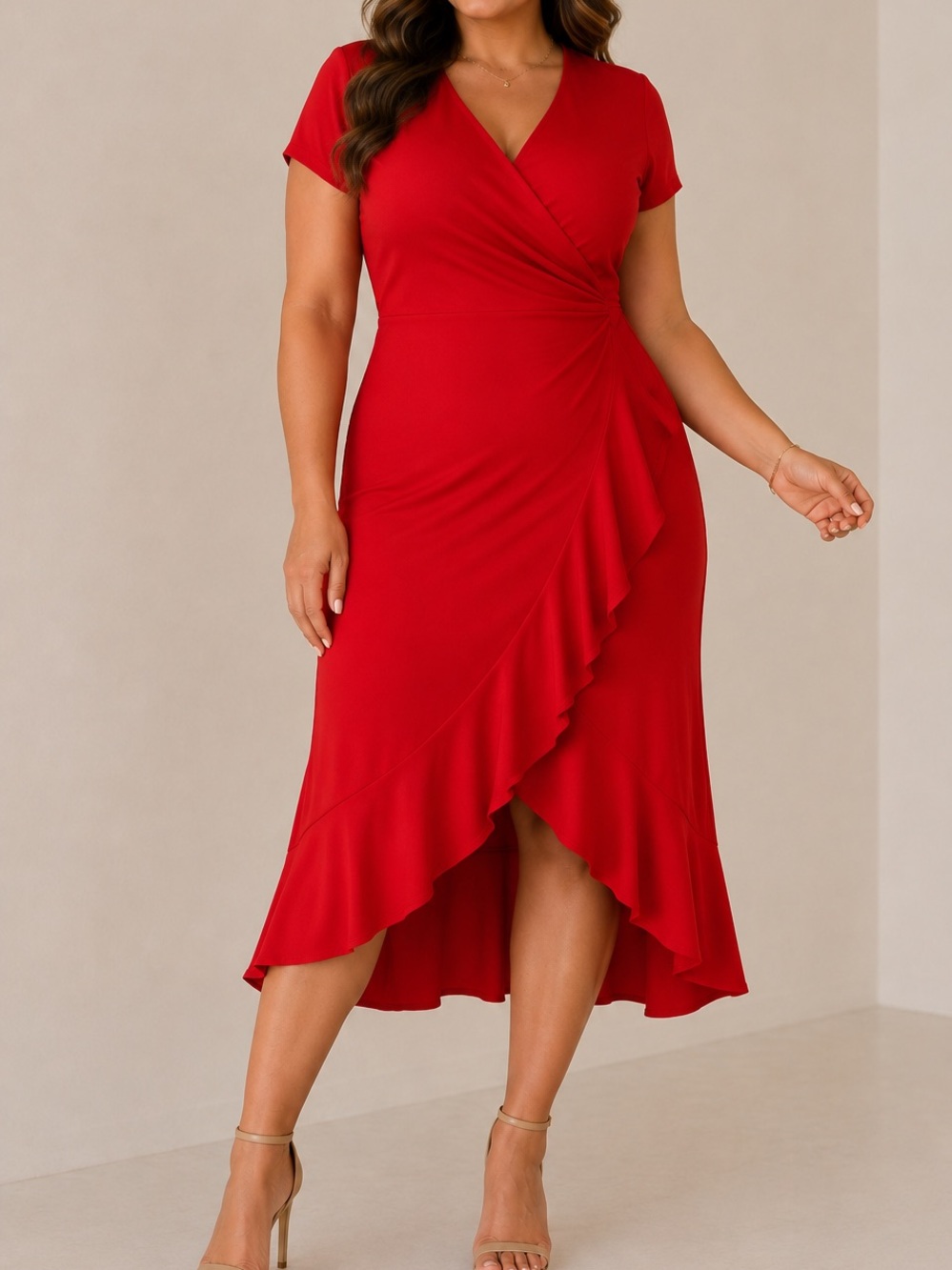 Red Faux Wrap Ruffle Cocktail Midi Dress